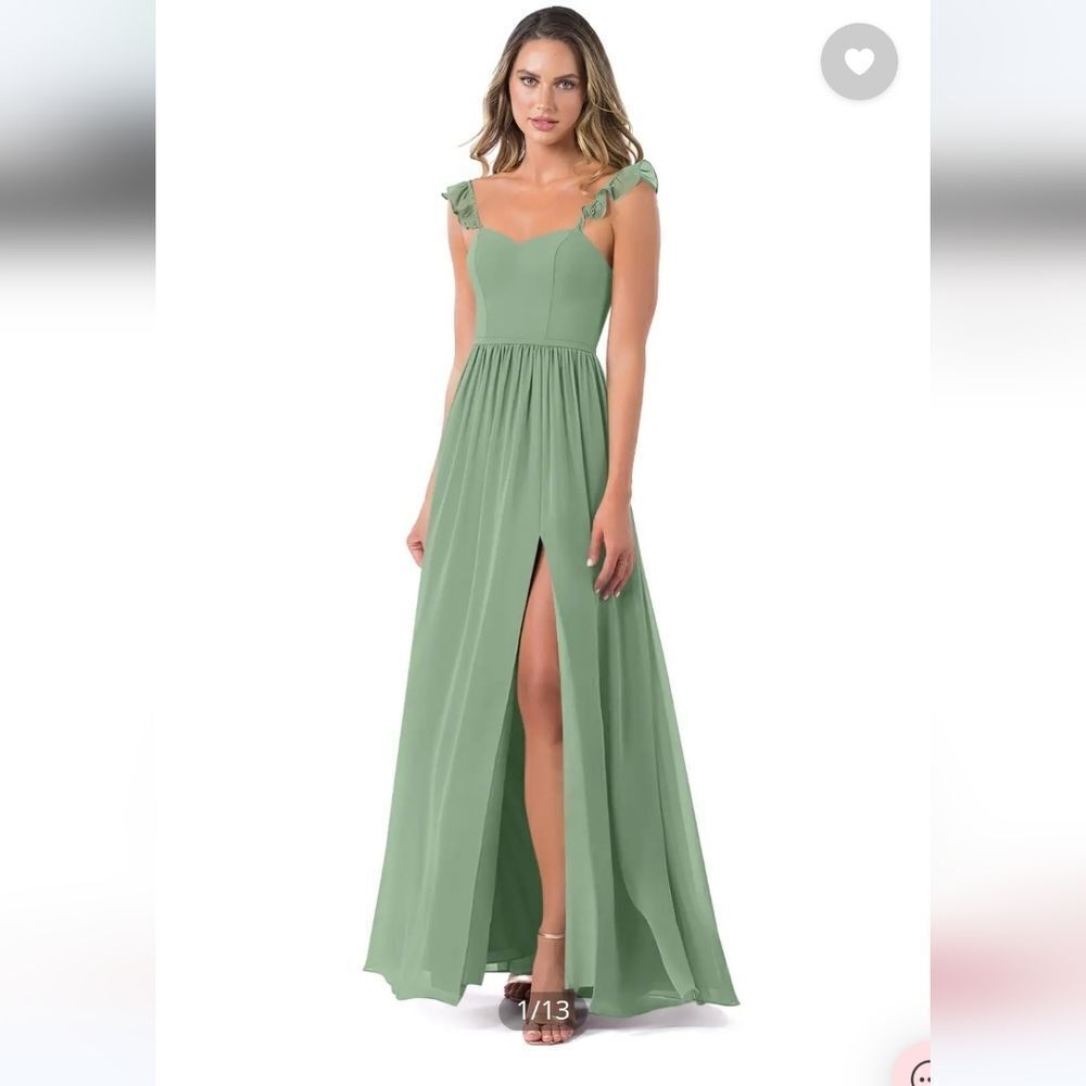 Azazie women's green chiffon ruffled sleeve belted bridesmaids maxi dress Sz S